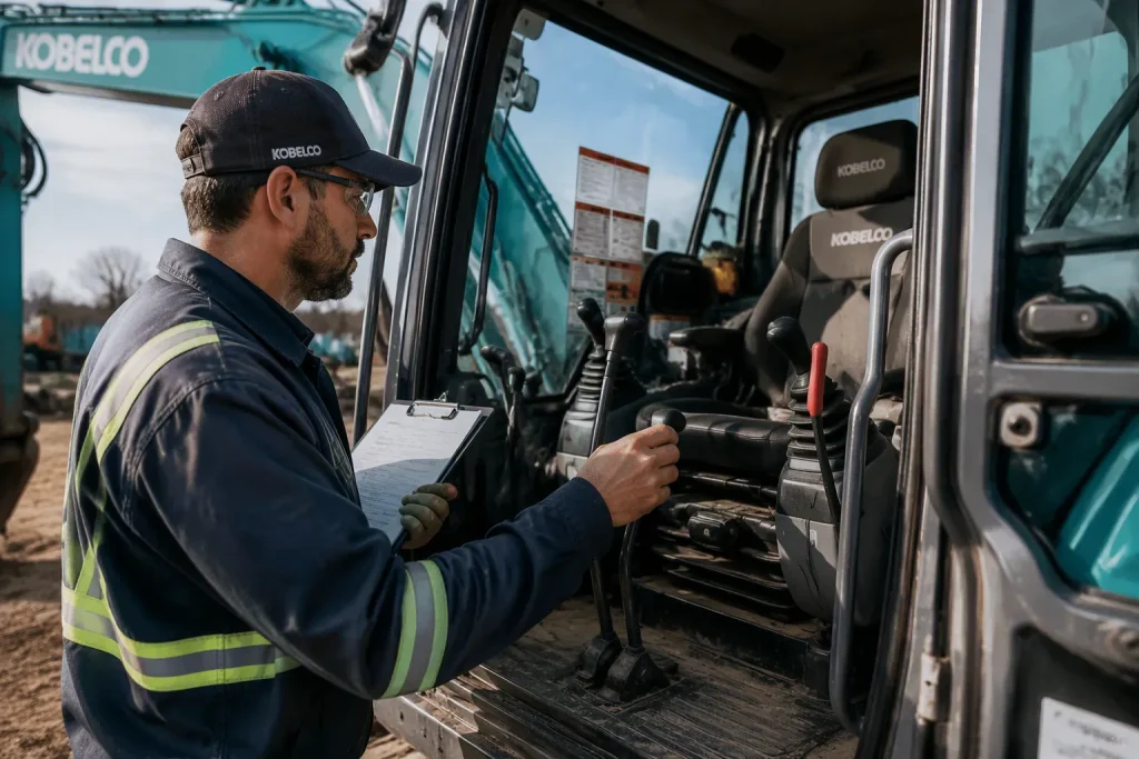 Kiểm tra các bộ phận cabin máy xúc Kobelco đã qua sử dụng trước khi mua.